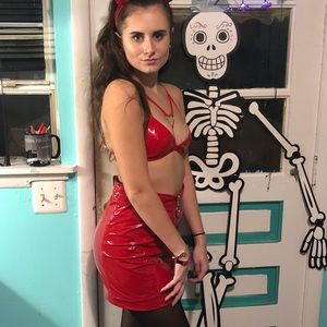 Red latex like skirt and latex top!